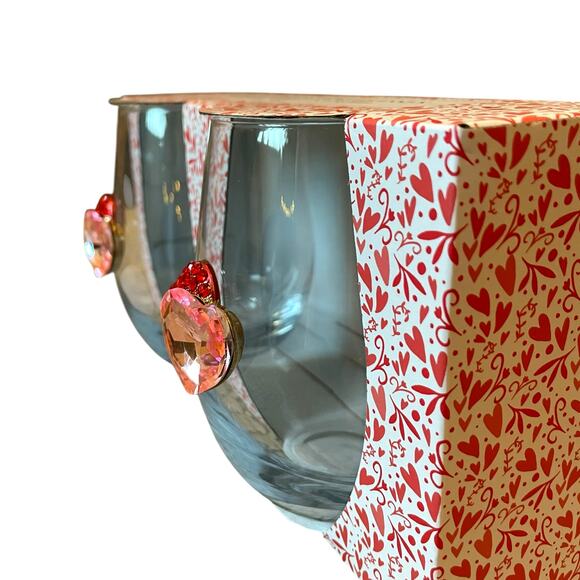 Valentines Day Jeweled HEARTS Stemless Wine Glasses Set of 2 Red & Pink New - Picture 8 of 14